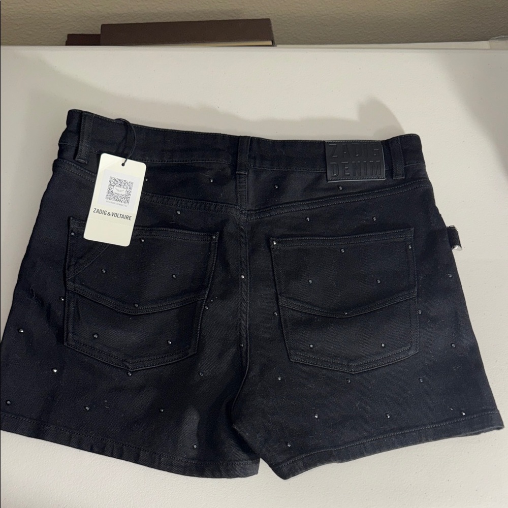 $298 NEW Zadig & Voltaire Black Studded Jean Shorts 42 EUR denim CRYSTAL STRASS